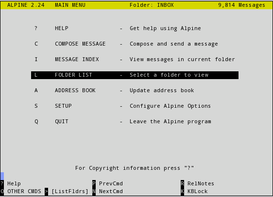 Alpine je open source e-mail klienta pro Command-line (CLI) a je napsán v programovacím jazyce C .