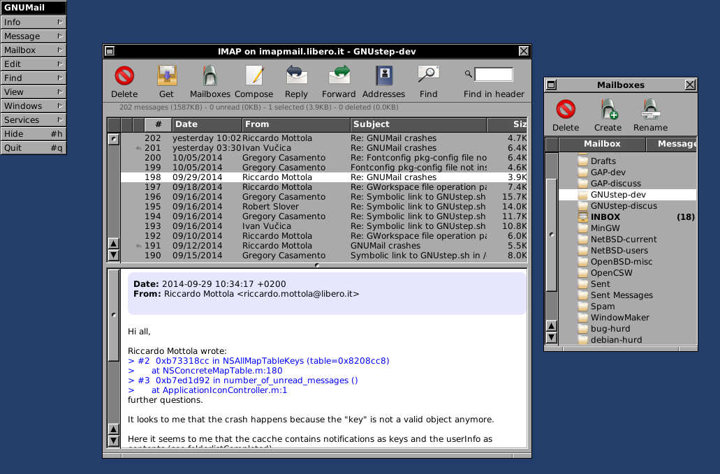 GNUMail är ett e-postmeddelande med öppen källkod klient för Oracle Linux och är skrivet på programmeringsspråket Objective-C .