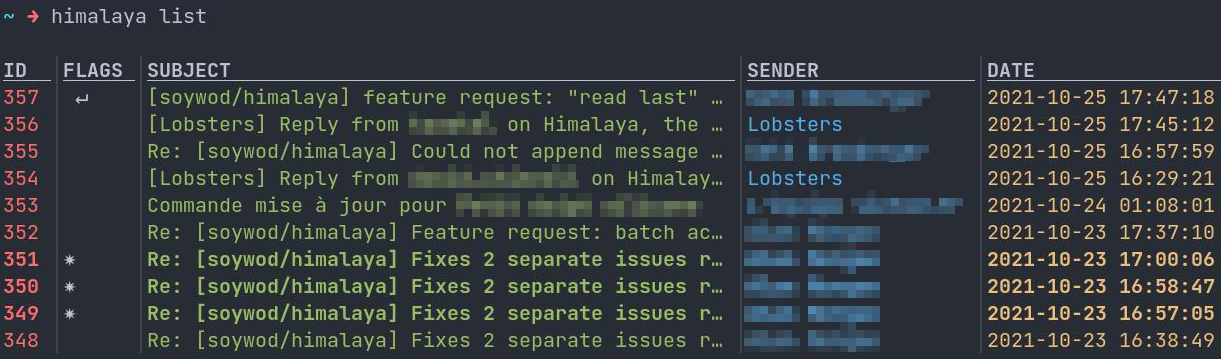 Himalaya är ett e-postmeddelande med öppen källkod klient för Terminal och är skrivet på programmeringsspråket Rust .
