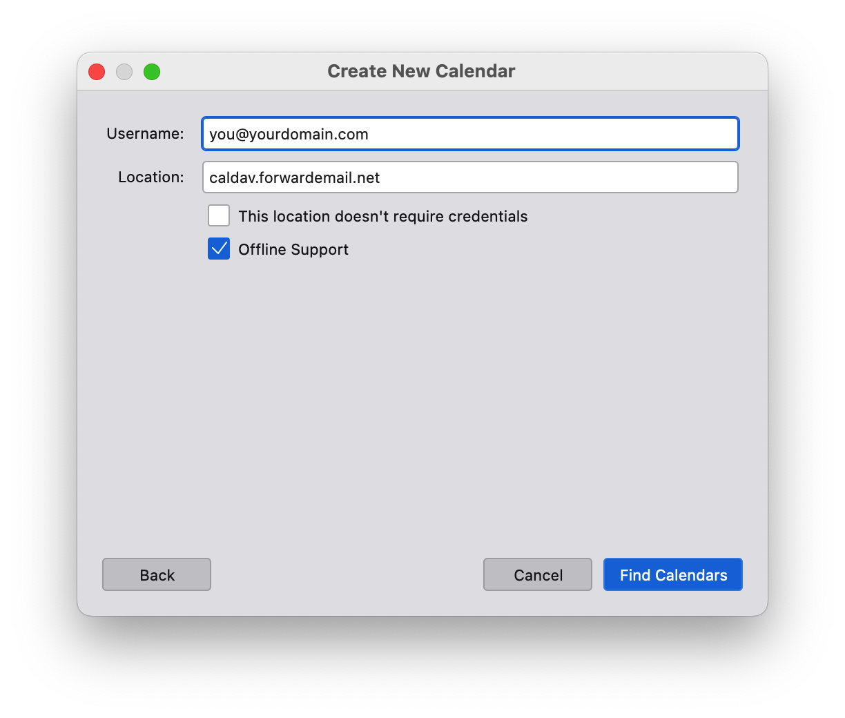Forward Email Calendar CalDAV Thunderbird Example Setup